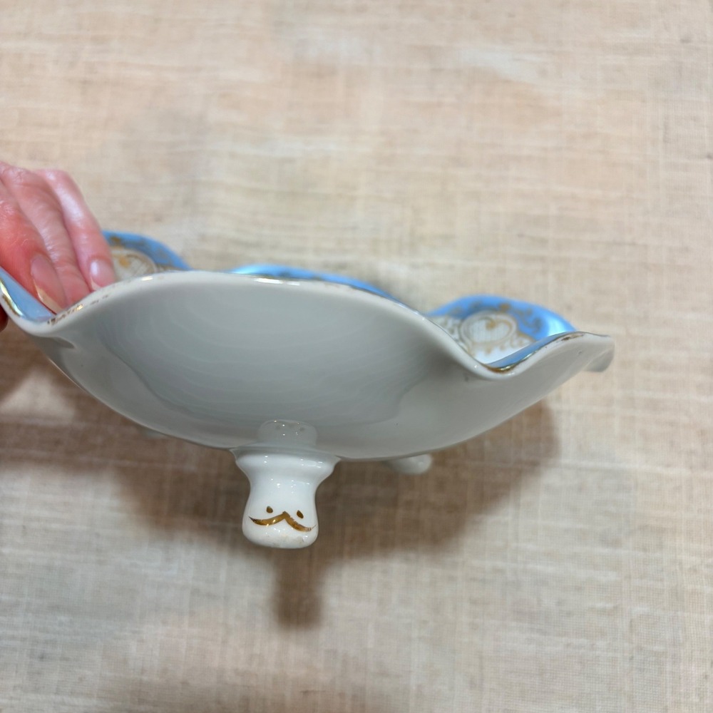 Ucagco China Footed Trinket Dish Occupied Japan Blue Gold Floral Scalloped 6" - Picture 5 of 6